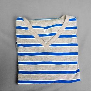 Small Grey Gap Tee. Comfortable fabric with blue and white stripes.